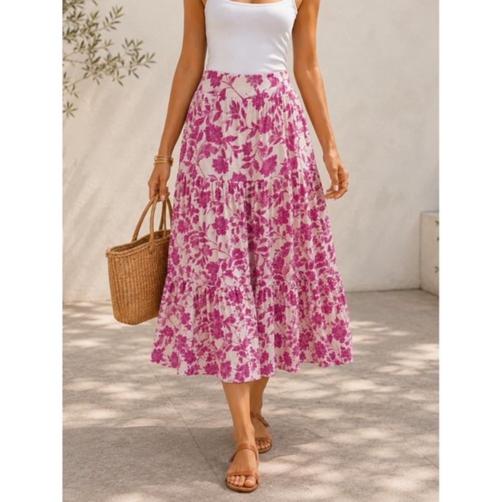 LC Lauren Conrad Floral Tiered Linen Blend Maxi‎ Skirt XL Pink White Cottagecore